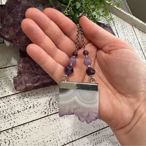 Amethyst Silver Pendant Long Necklace Raw Edge Gemstone